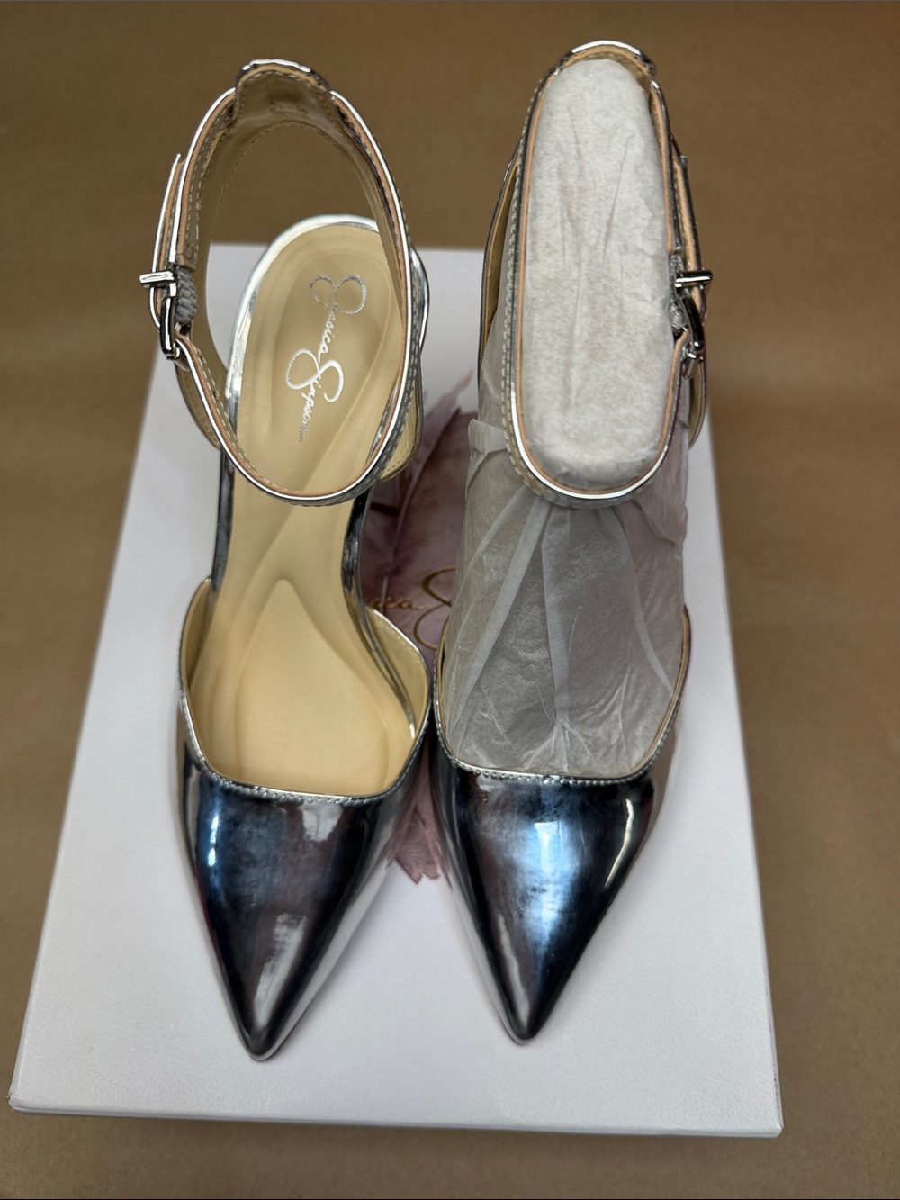 Jessica Simpson Metallic Silver Pointed-Toe Ankle-Strap Block Heels - Picture 2 of 6